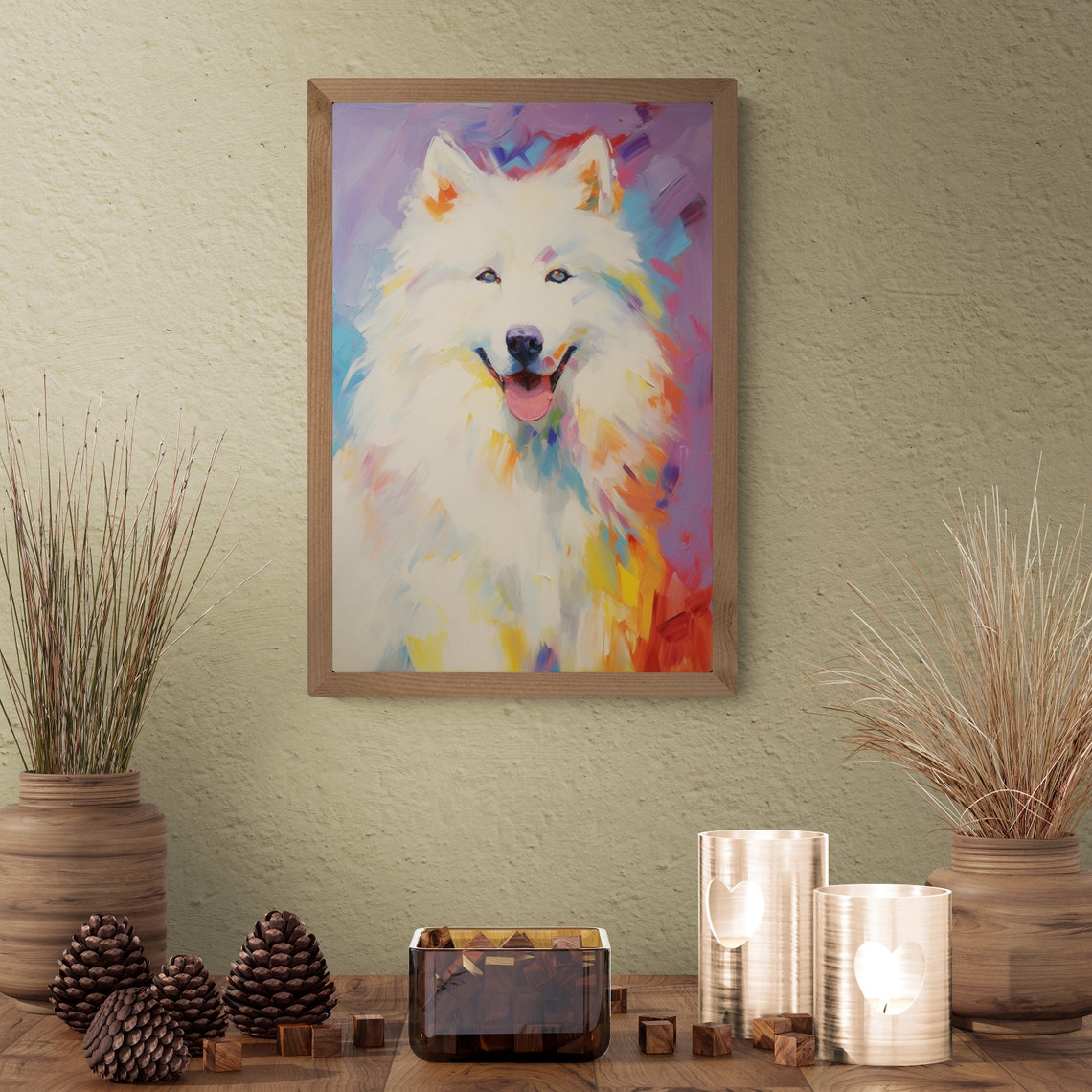 Smiling White Samoyed Colorful Rainbow Framed Dog Portrait Poster