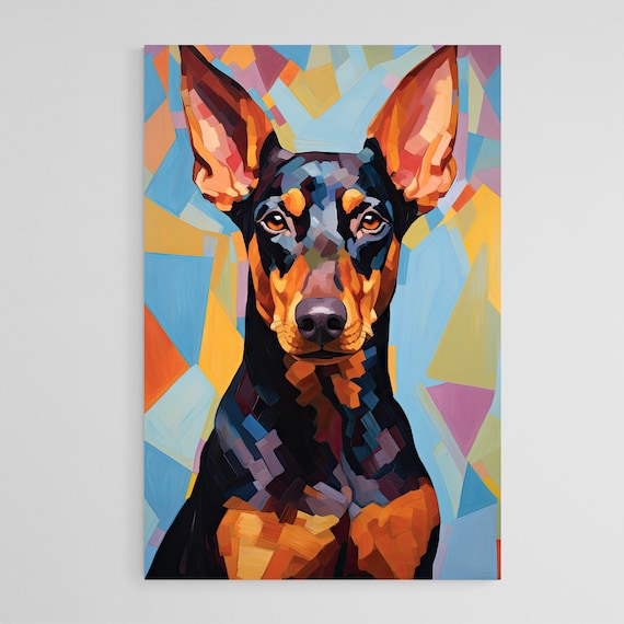 Doberman Pinscher Mosaic Cubist Portrait Orange Blue Facet Poster