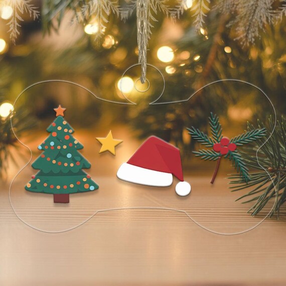 Dog Bone Christmas Ornament with Tree Santa Hat and Holly Berry Print