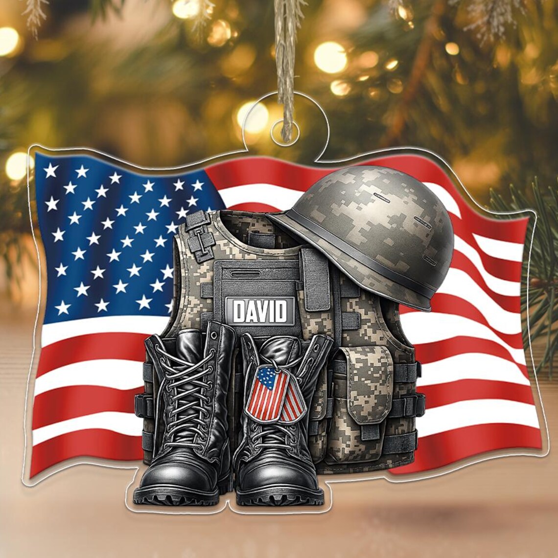 Personalized Military Veteran Acrylic Ornament Flag Boots Helmet Poster