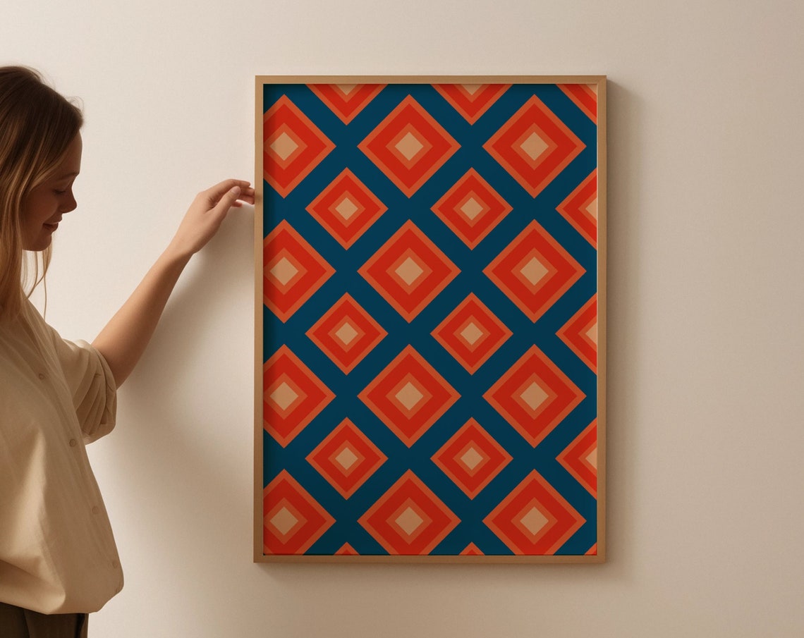 Bold Retro 70s Geometric Diamond Pattern Orange Blue Decor Poster - Image 4