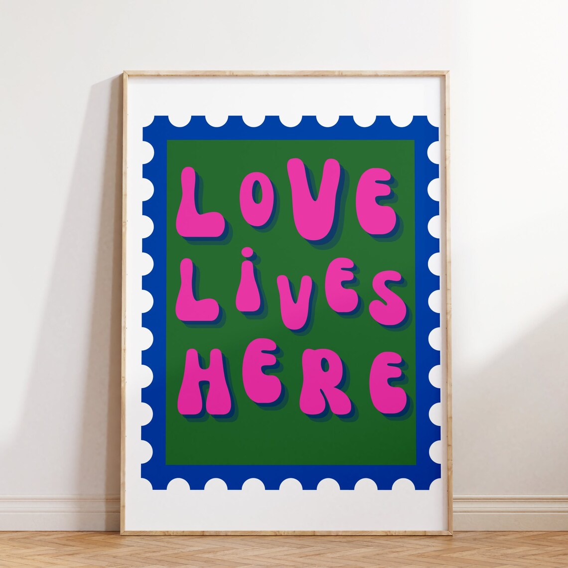 Love Lives Here Pop Art Stamp Typography Bold Pink Green Quote Poster