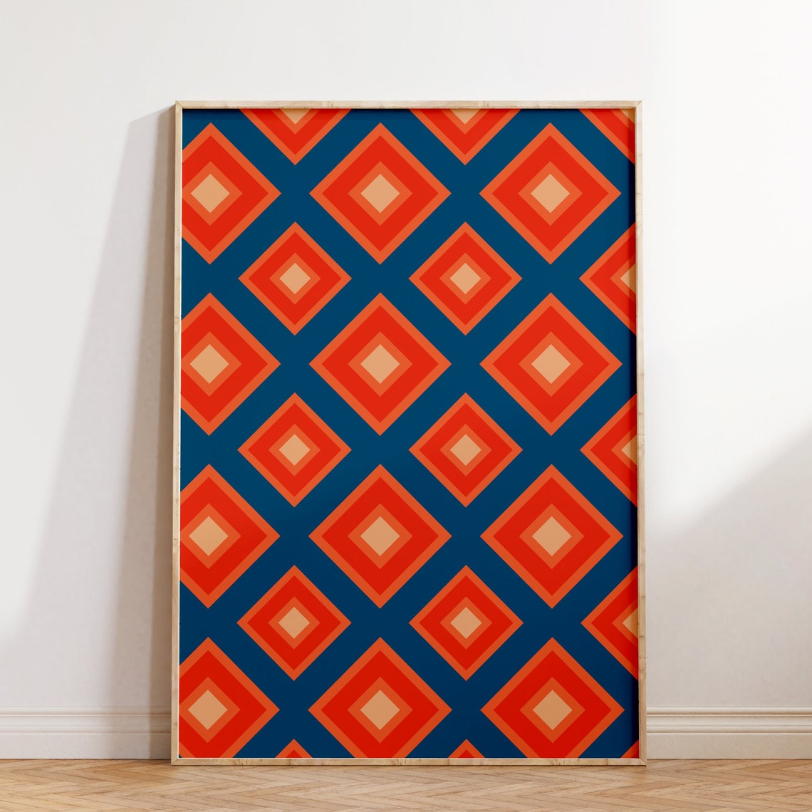 Bold Retro 70s Geometric Diamond Pattern Orange Blue Decor Poster