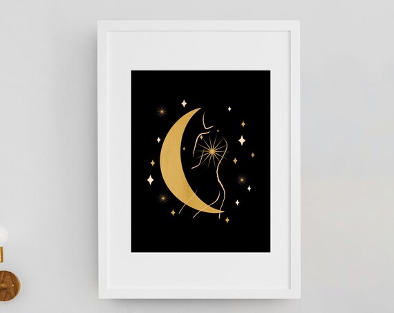 Gold Crescent Moon Goddess Line Art Celestial Starry Night Sky Poster