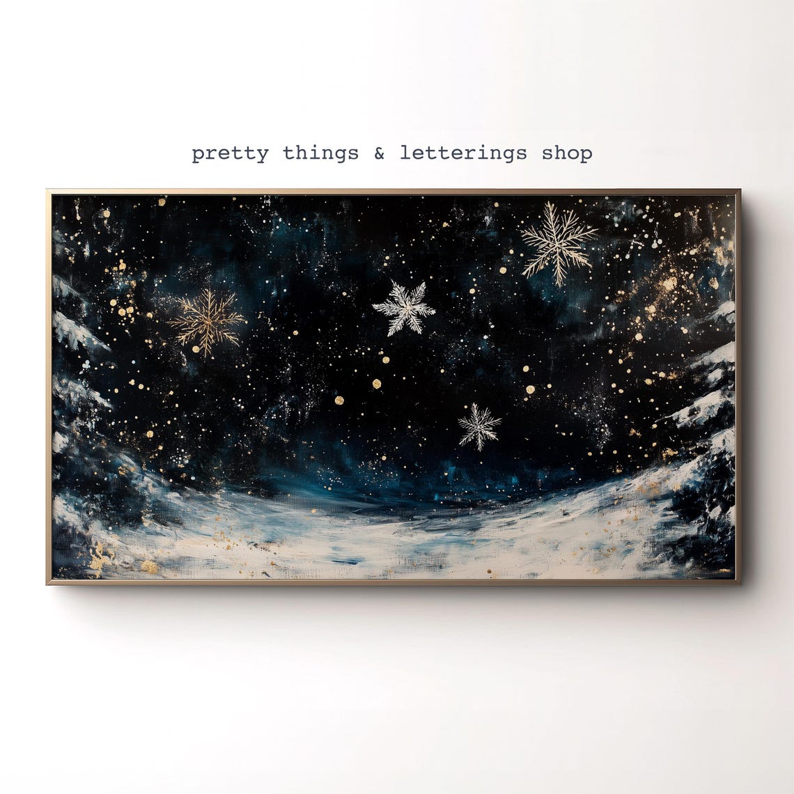 Snowflake Night Sky Gold Snow Falling Winter Abstract Poster