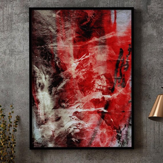 Sunset Clouds Abstract Painting Acrylic On Paper White Red And Black Strokes Abstract Art Print