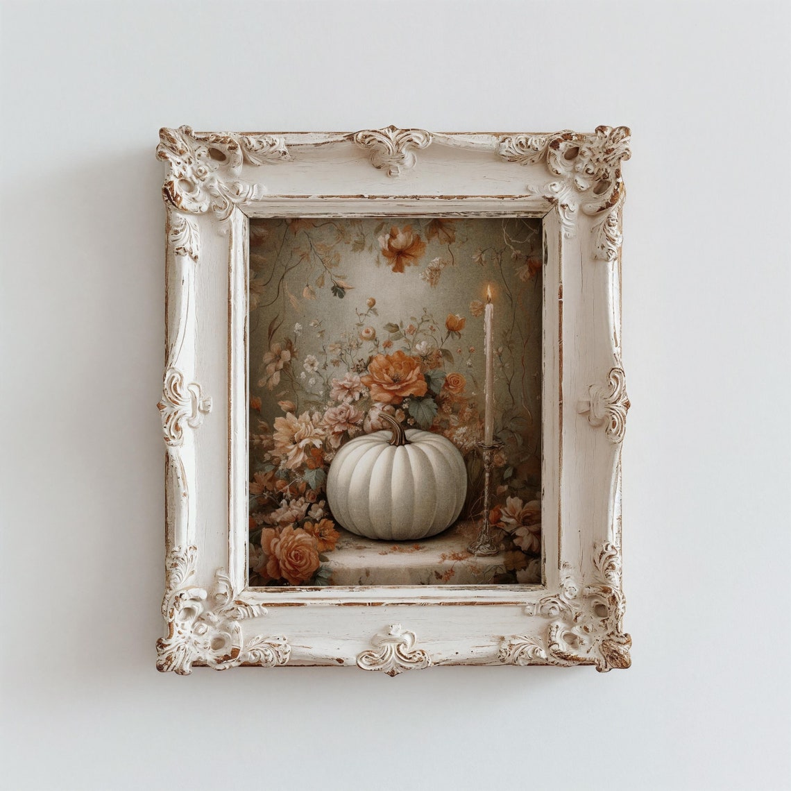 White Pumpkin with Autumn Flowers and Candle Fall Decor Poster