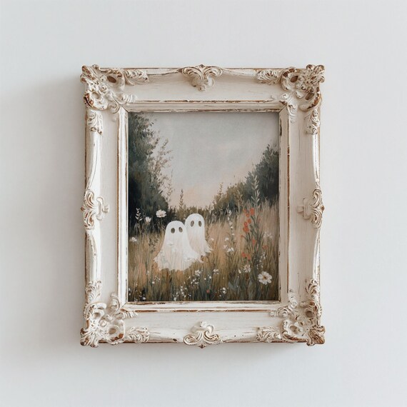 Cute Ghost Painting Vintage Halloween Decor Cute Halloween Art Farmhouse Wall Decor Ghost Wall Art Wildflower Painting Cottagecore Decor
