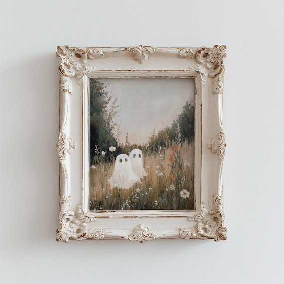 Two Cute Ghosts in Wildflower Meadow Vintage Halloween Poster