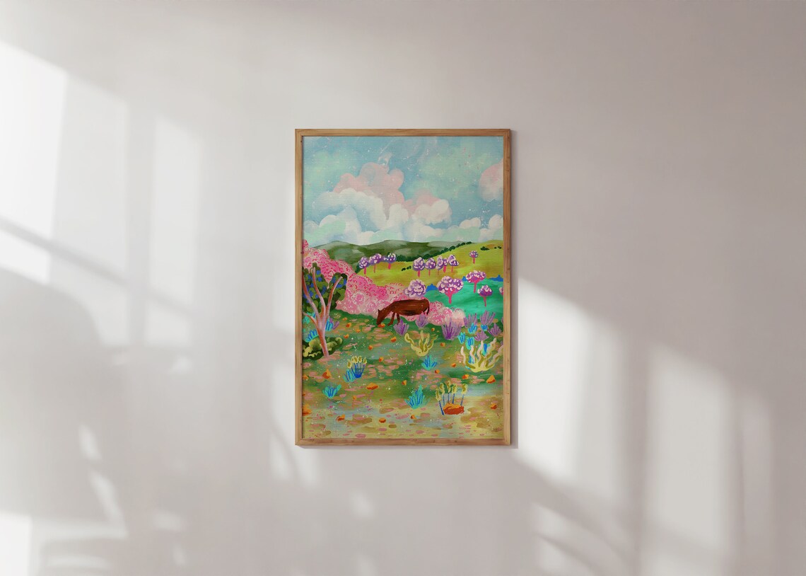 Colorful Mountain Horse Painting, Vibrant Art Print
