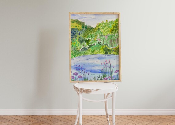 Green Forest Lake Art Print, Colorful Landscape