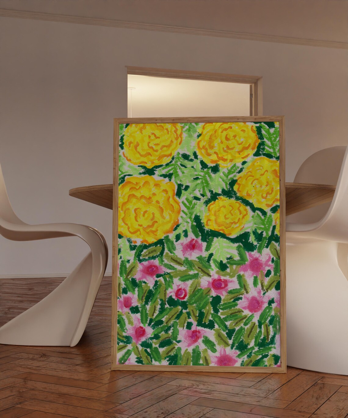 Yellow And Pink Floral Art Print Abstract Ditsy Painting