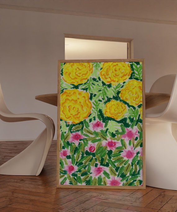 Yellow And Pink Floral Art Print Abstract Ditsy Painting