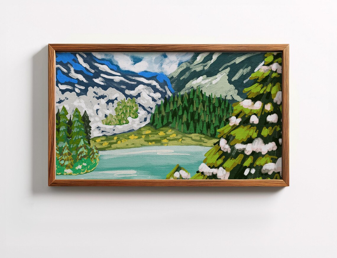 Winter Mountain Landscape Painting Snowy Peaks Lake Forest Poster
