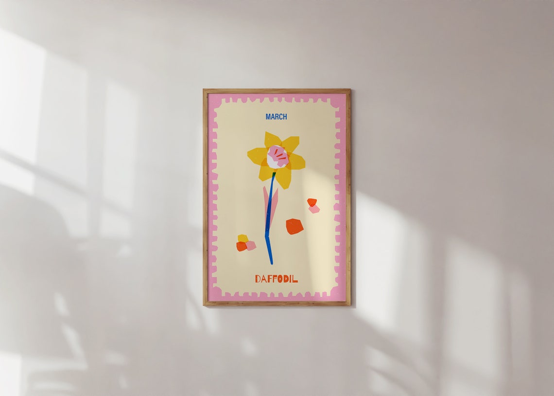 March Daffodil Birth Flower Retro Stamp Border Floral Poster