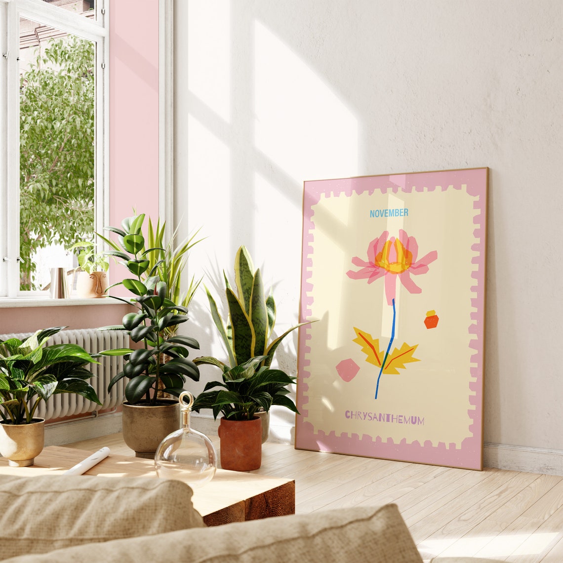 November Chrysanthemum Pink Birth Flower Botanical Art Poster