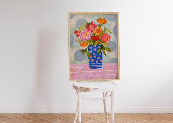 Colorful Flowers in Vase Gouache Floral Art Print
