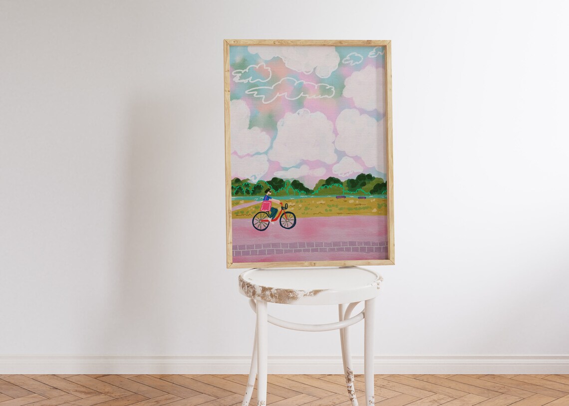 Colorful Park Cyclist Painting Pastel Landscape Whimsical Poster
