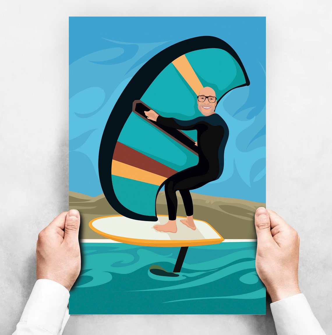 Custom Wing Foil Surfing Portrait Beach Water Sports Gift Poster