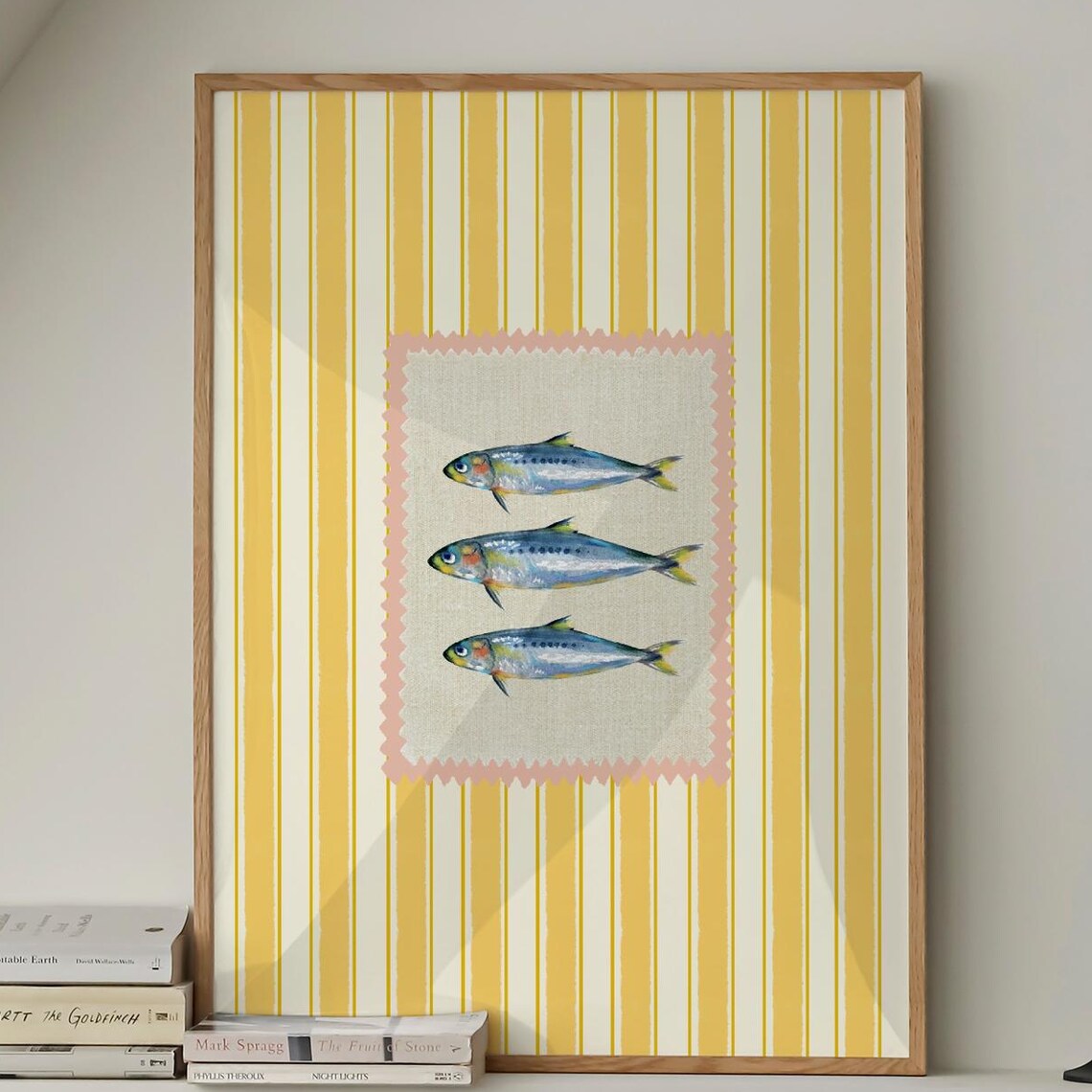 Retro Sardine Fish Trio Yellow Striped Kitchen Wall Decor Poster