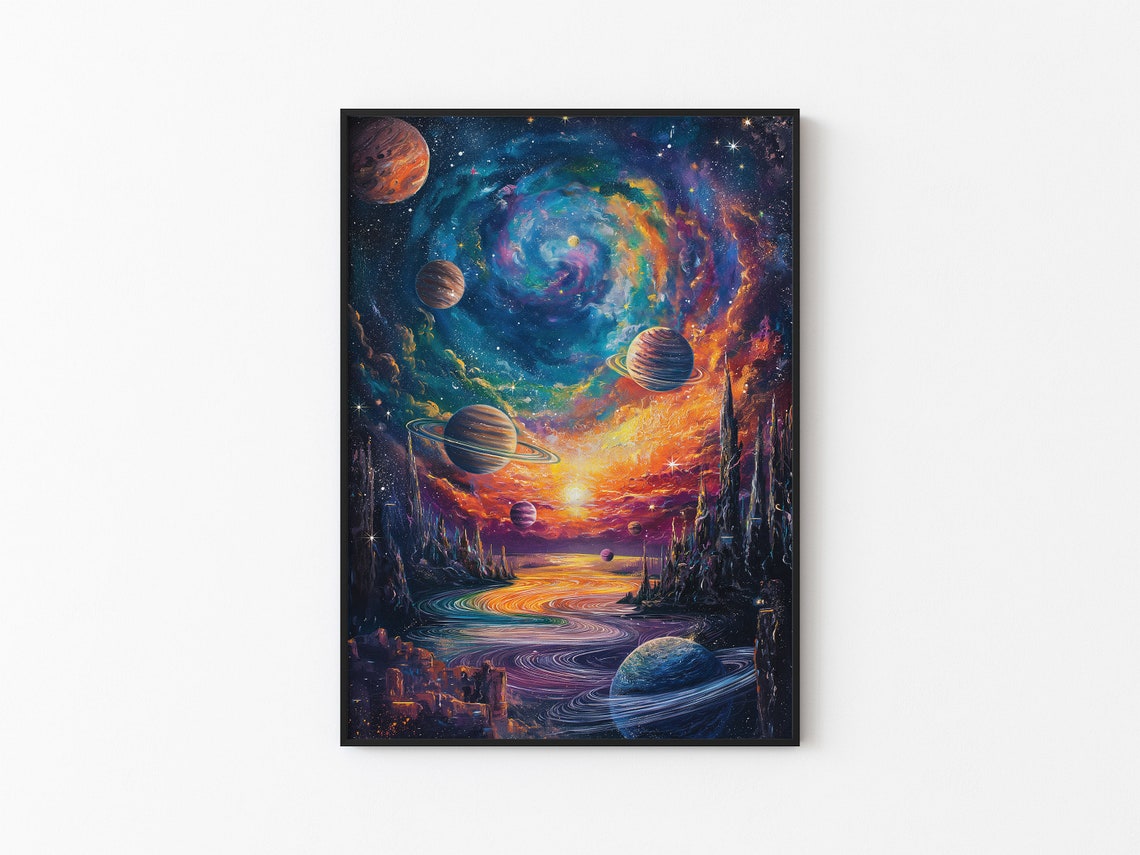 Colorful Nebula Spiral Ringed Planets Ocean River Art Poster