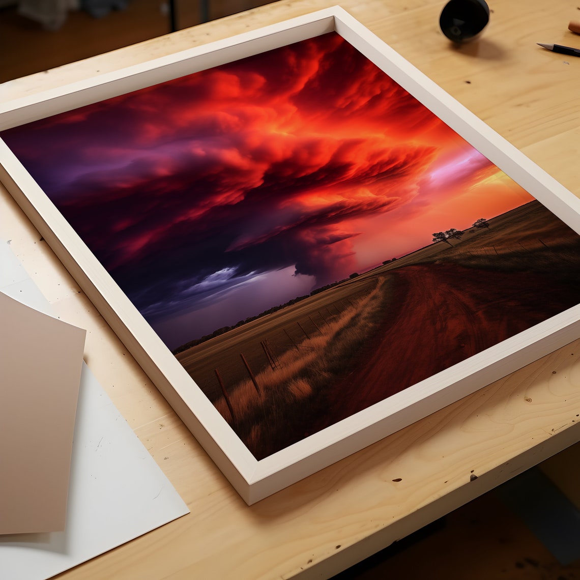 Towering Red Supercell Tornado Funnel Over Open Prairie Poster - Image 3