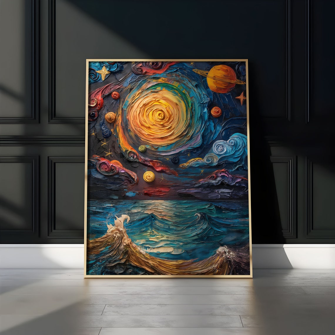 Spiral Sun Planets Ocean Waves Starry Impasto Night Art Poster - Image 2