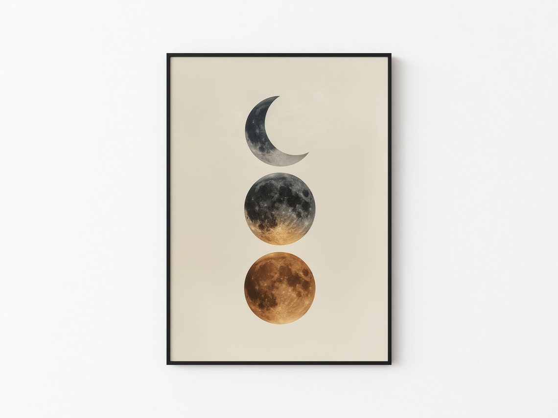 Three Moons Crescent Night Gold Minimalist Abstract Wall Art