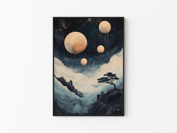 Dripping Gold Moons Cloud Sea Cliff Pine Dreamy Surreal Night Poster