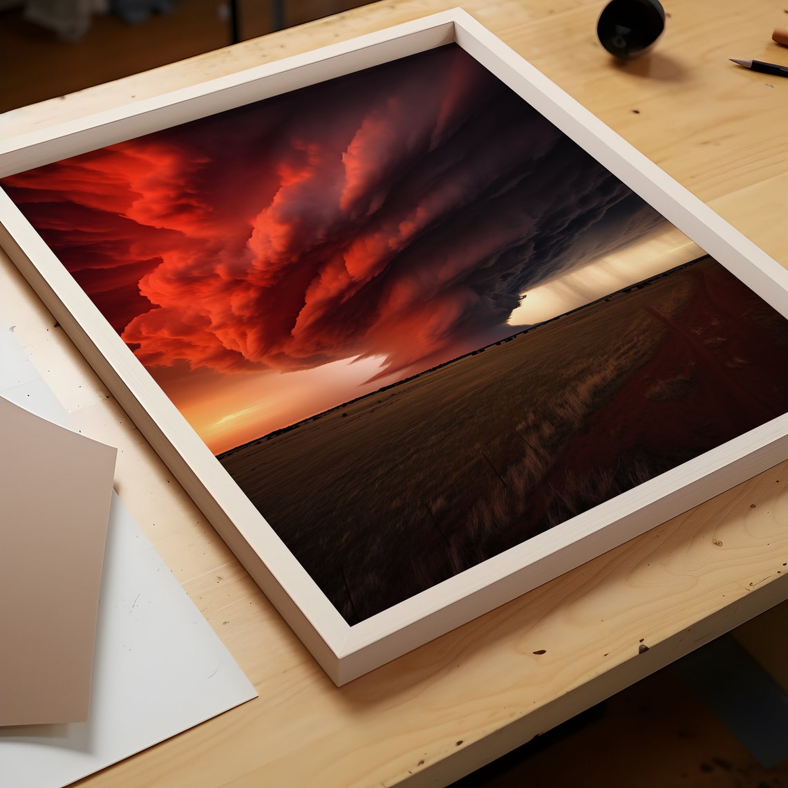 Massive Red Shelf Cloud Storm Over Open Plains at Sunset Poster - Image 3