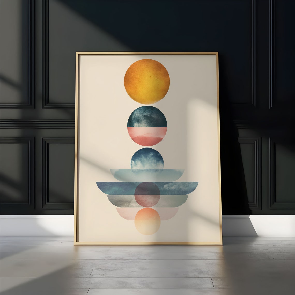 Golden Sun Wave Horizon Watercolor Stack Banded Orb Abstract Art Print - Image 3