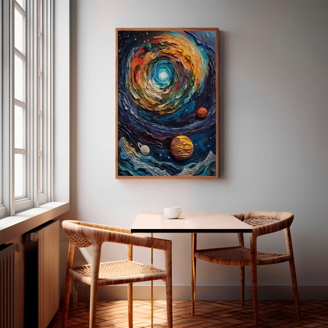 Cosmic Vortex Spiral Galaxy With Orbiting Planets Oil Style Poster - Image 3