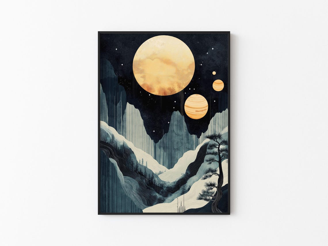 Amber Moons Snowy Mountain Valley Pine Winter Night Sky Poster