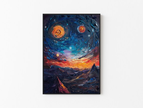 Twin Golden Spiral Galaxies Mountain Peaks Impasto Art Poster
