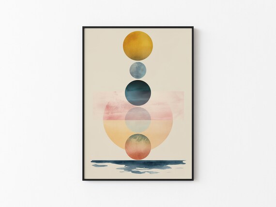 Abstract Sunset Watercolor Orb Stack Gold Sun Water Reflection Art Print