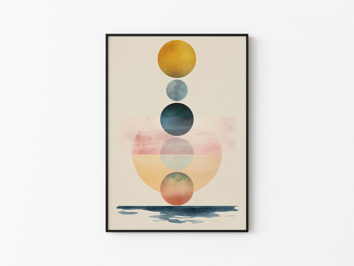 Abstract Sunset Watercolor Orb Stack Gold Sun Water Reflection Art Print