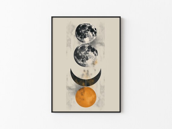 Two Full Moons Crescent Arch Orange Orb Minimalist Art Poster