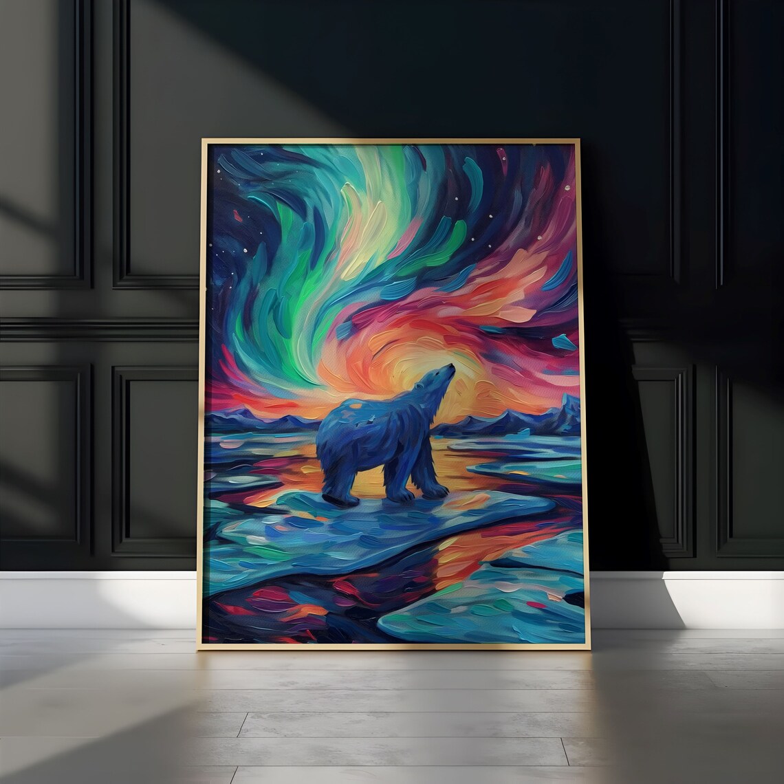 Polar Bear Aurora Borealis Arctic Night Impasto Oil Painting Poster - Image 3