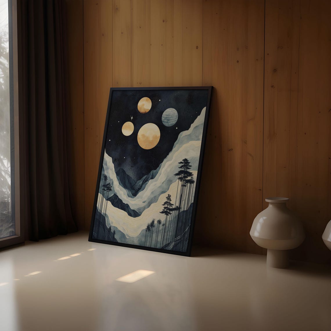 Four Planets Moonlit Valley Tall Pines Starry Night Landscape Poster - Image 2
