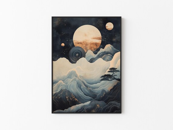 Full Moon Snowy Mountain Peaks Bonsai Pine Night Landscape Art Poster