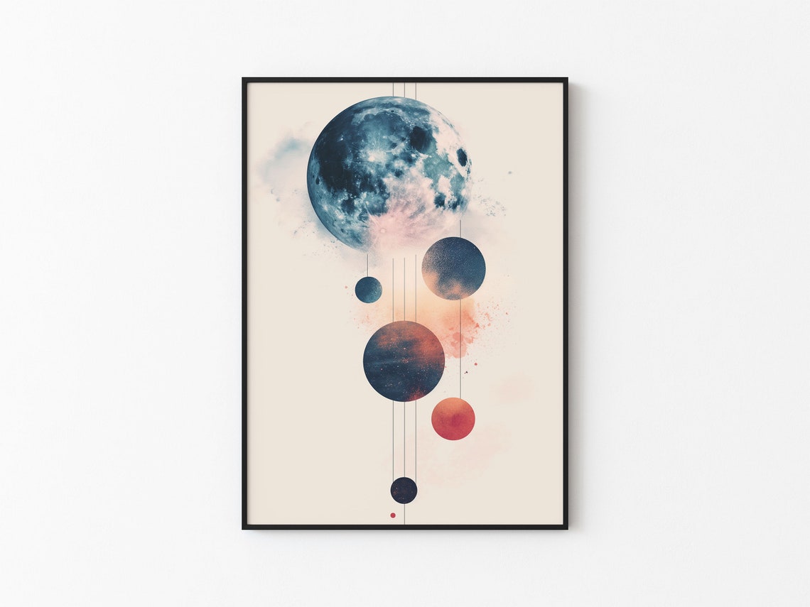Blue Moon Hanging Planet Mobile Watercolor Abstract Wall Art