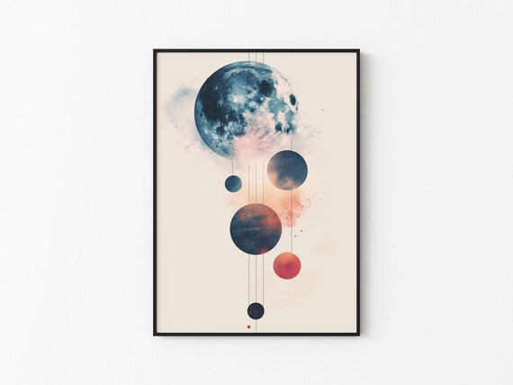 Blue Moon Hanging Planet Mobile Watercolor Abstract Wall Art