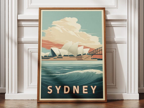 Sydney Australia Retro Travel Poster Opera House Harbour View Vintage Wall Art Print Australian Coastal Decor Gift