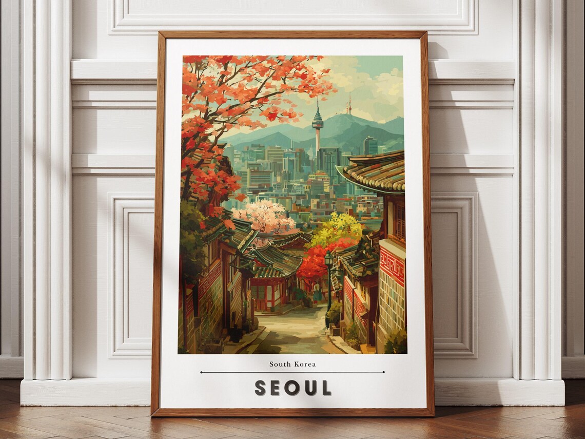 Seoul South Korea Hanok Street Cherry Blossoms Vintage Travel Poster