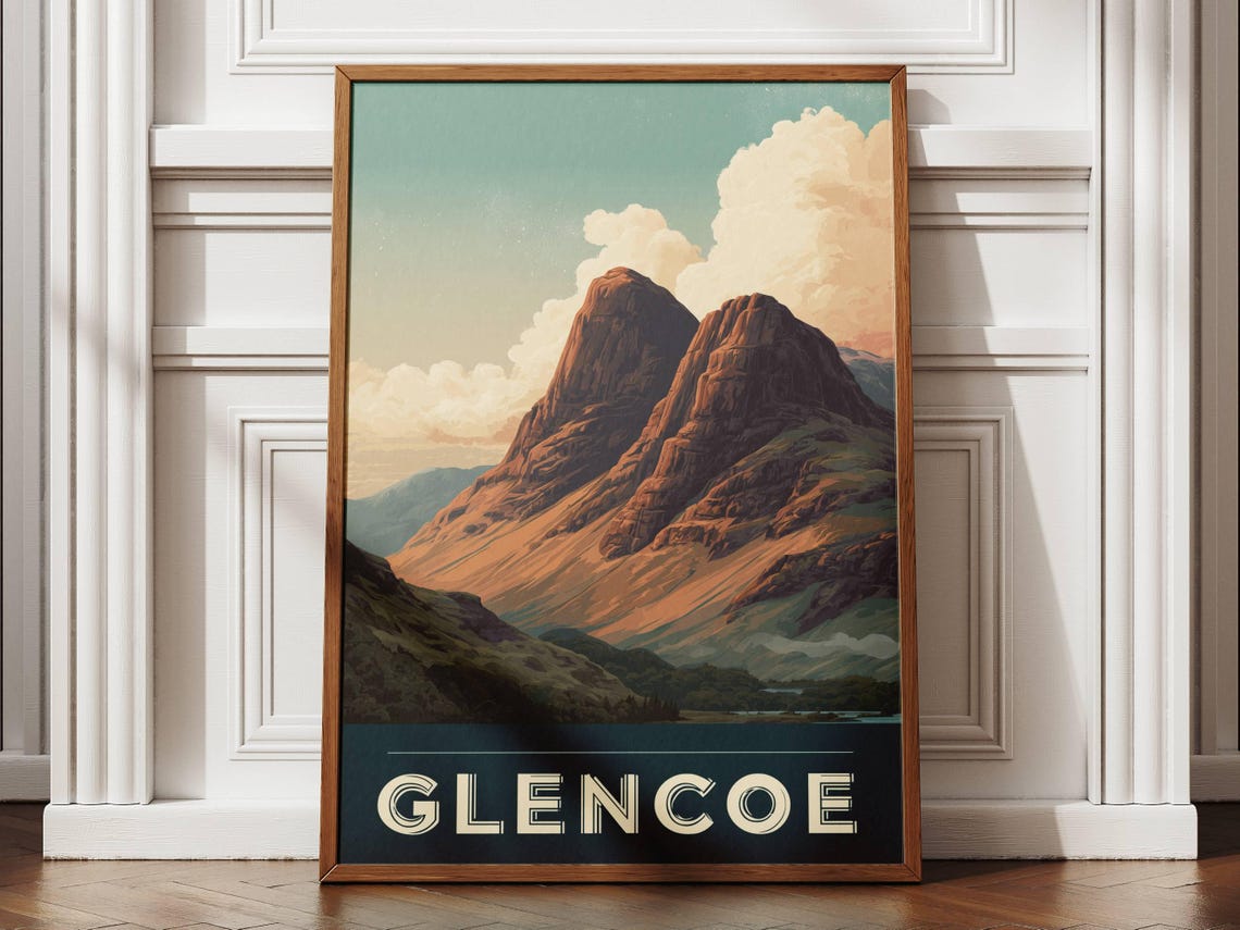 Glencoe Scotland Dramatic Mountain Peaks Sunset Vintage Travel Poster