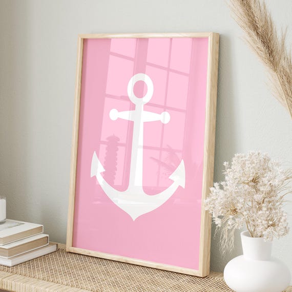 Pink Beach Nursery Wall Art Girls Room Decor Nautical Print Cute Anchor Coastal