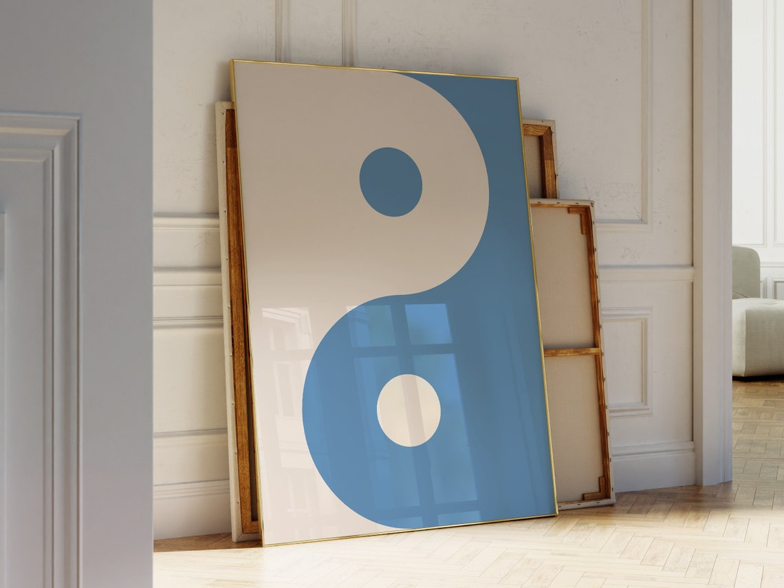 Blue and Cream Yin Yang Minimal Abstract Zen Meditation Poster