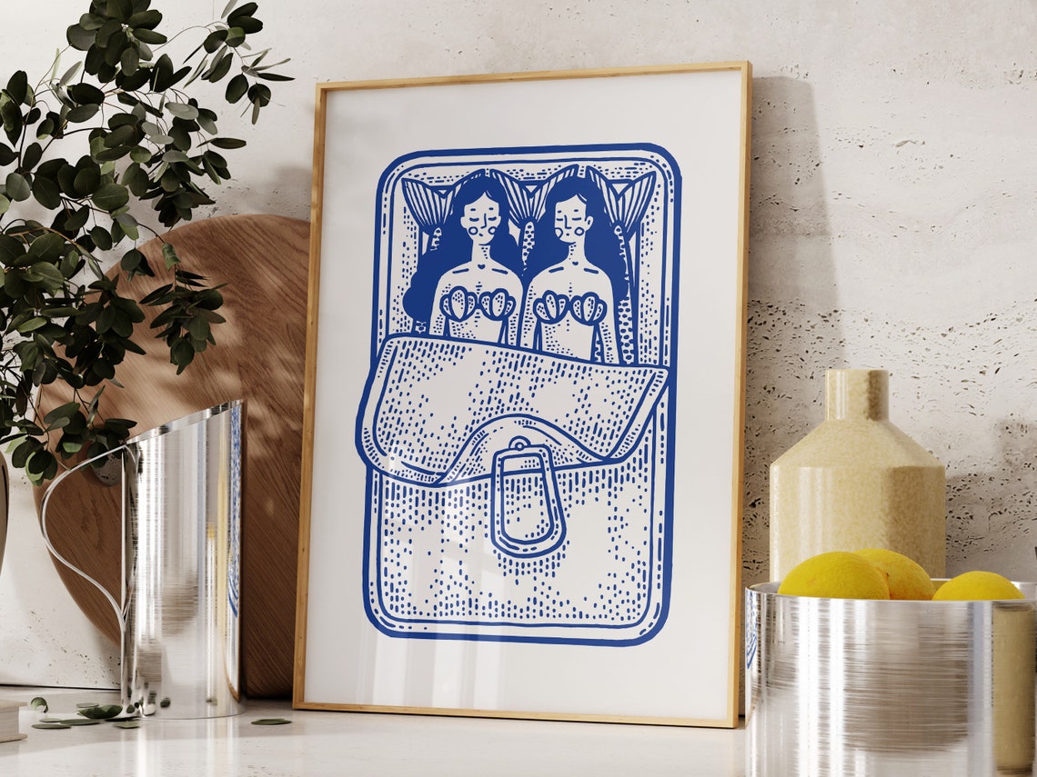 Sardine Tin Mermaid Blue Line Art Retro Seafood Kitchen Vintage Poster - Image 2