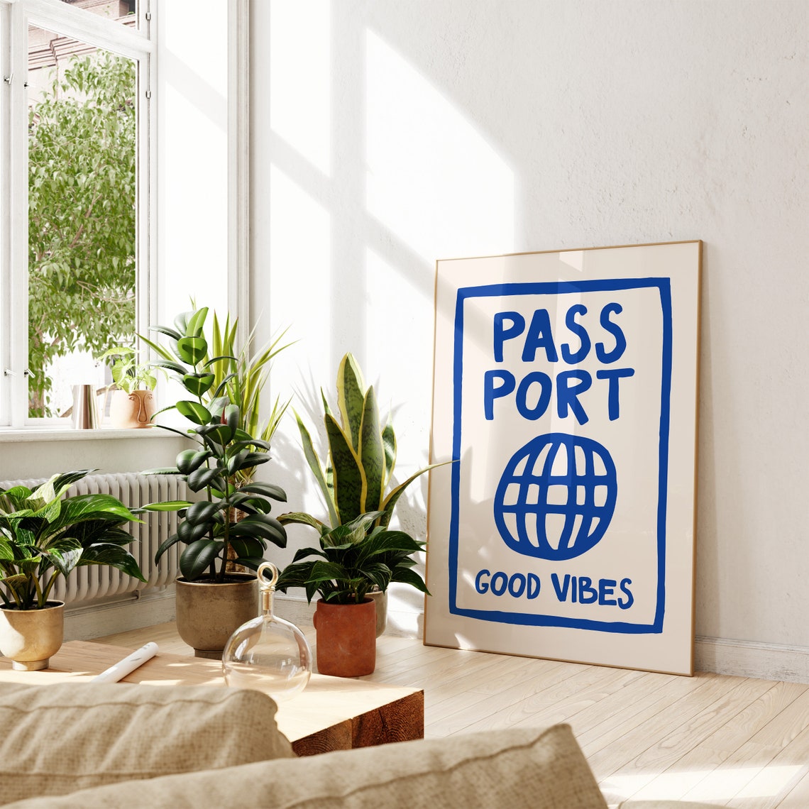 Blue Passport Good Vibes Globe Hand Lettered Travel Quote Poster - Image 2