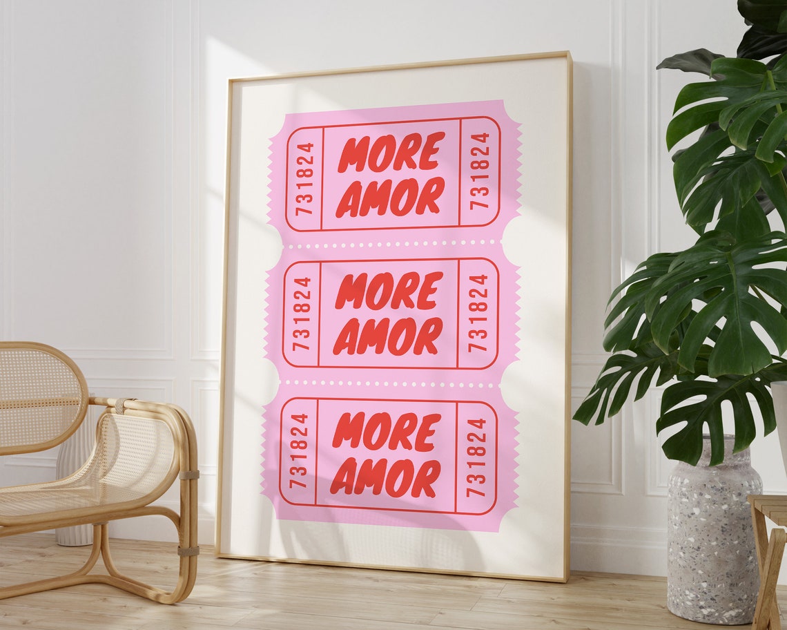 More Amor Hot Pink Retro Ticket Stub Trendy Girls Room Poster - Image 3
